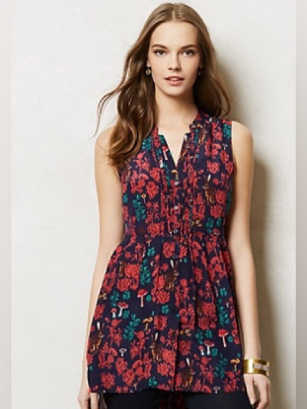 Anthropologie Nathalie Lete Paris Wonderland Silk Floral Rabbit Mushroom Tunic